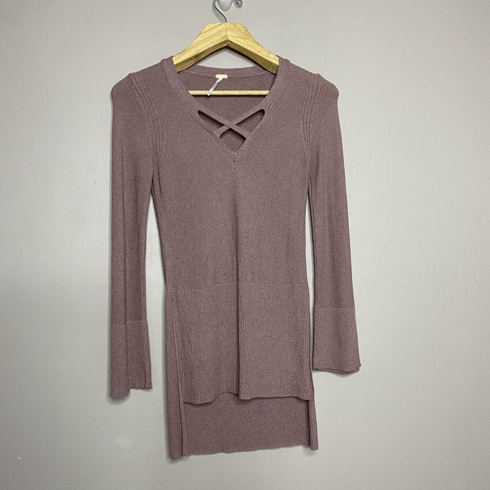 Free People Women CrissCross Sweater V Neck Side Slits Tunic Dress Mauve Pink XS